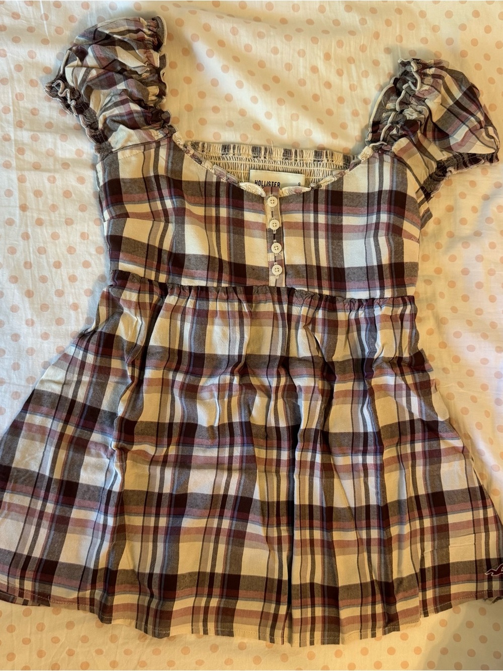 Hollister plaid babydoll top with tie back